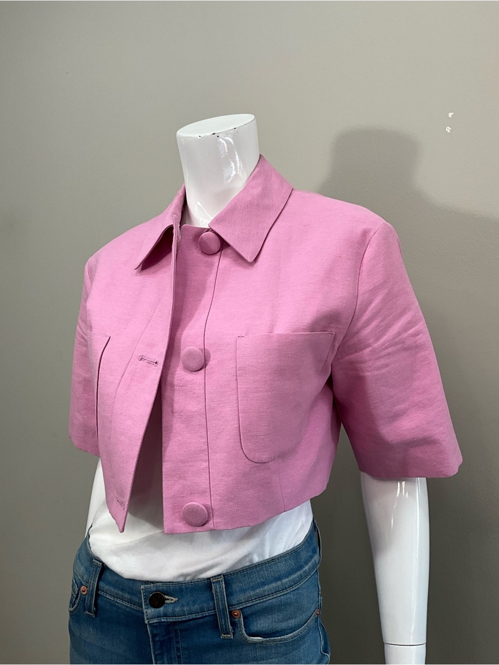 ZARA Pink Cropped Jacket Boxy Short Sleeve Linen Blend Blazer Coat Like New